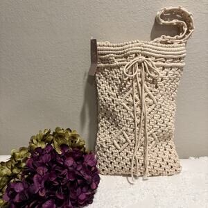 CROWN VINTAGE Crochet Macrame Purse Handbag Bone Sz OS Bohemian Natural Hippie